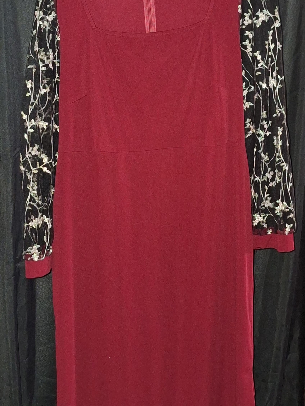 Women’s Burgundy Long Sleeve Dress with Floral Lace Sleeves